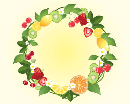 an illustration of a decorative fruit wreath with kiwi lemon cherries strawberries and orange dotted with flowers and foliage on a pale yellow backgroundのイラスト素材