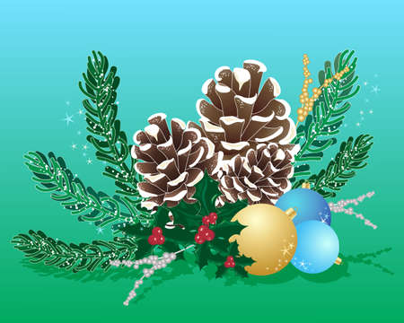 an illustration of a decorative christmas arrangement with fir cones holly and metallic baubles on a blue green backgroundのイラスト素材