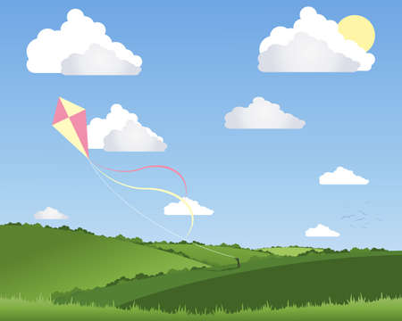 an illustration of a person flying a colorful kite in a beautiful summer landscape with white fluffy clouds and a blue skyのイラスト素材