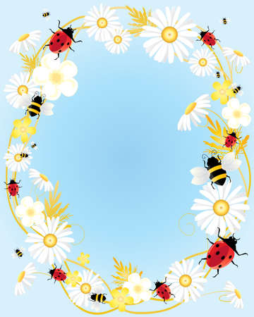 an illustration of a summer floral design with ladybugs and bees on a pale sky blue backgroundのイラスト素材