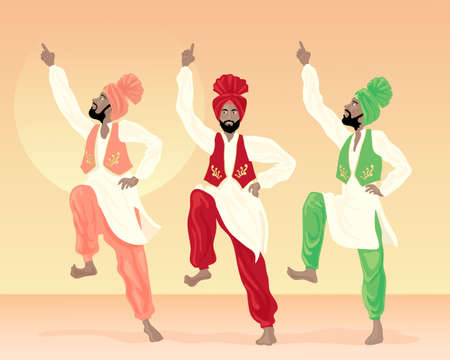 an illustration of three male punjabi dancers dressed in colorful costumes with turbans and...