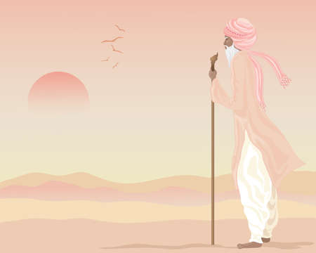 an illustration of an indian farmer in traditional rural clothing standing looking across an arid landscape underneath a setting sunのイラスト素材