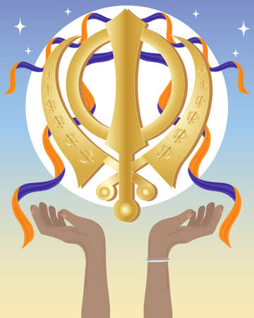 an illustration of a golden sikh symbol with open hands and orange and purple cloth a starry sky backgroundのイラスト素材