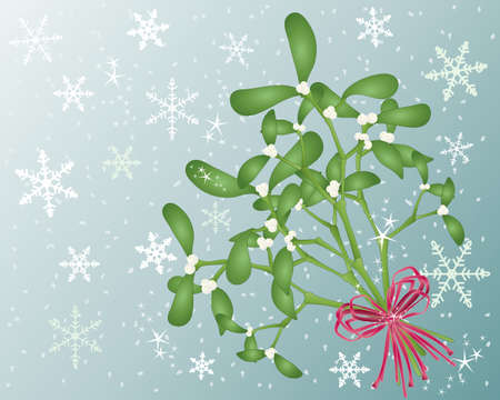 an illustration of a bouquet of mistletoe tied with satin red ribbon on a snowflake backgroundのイラスト素材