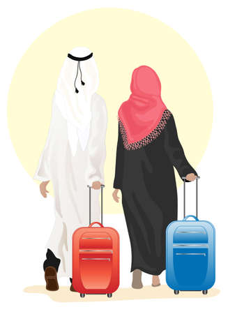 an illustration of an arab couple dressed in traditional clothing walking along with suitcases on a white backgroundのイラスト素材