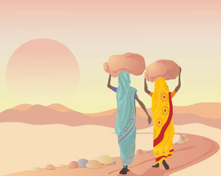 an illustration of two asian women dressed in traditional clothing carrying sacks at sunset after a working dayのイラスト素材