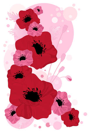 an illustration of abstract poppy flowers with seedheads buds and a candy pink bubble background on whiteのイラスト素材