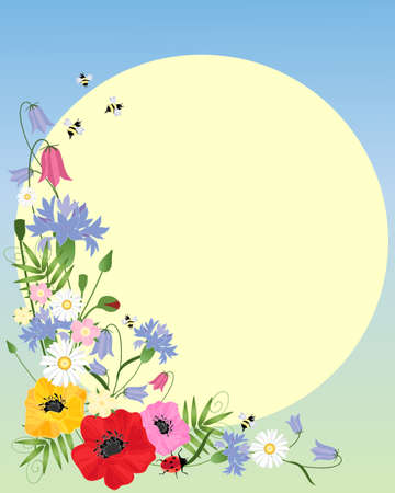 an illustration of abstract wildflowers including poppies cornflowers harebells and daisies in an arrangement with a bright yellow sunのイラスト素材