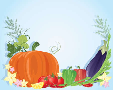an illustration of a selection of colorful vegetables including pumpkin aubergine chillies tomatoes dill and peppers on a blue backgroundのイラスト素材