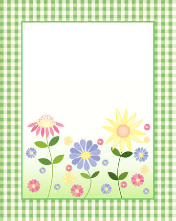 an illustration of a decorative floral note card with colorful flowers and blank white space for messages with a green gingham borderのイラスト素材