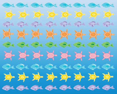 an illustration of colorful abstract turtles and fish in rows on a blue watery background