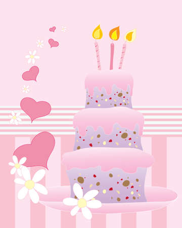 an illustration of an abstract birthday cake with three tiers pink frosting and decorative hearts and daisies on a candy stripe backgroundのイラスト素材