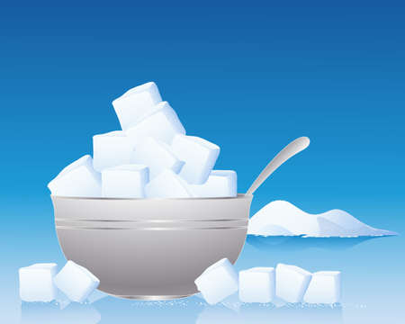 an illustration of sugar cubes in a metallic silver bowl with spoon with loose cubes and granules in the foreground and lots of space for textのイラスト素材