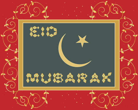 an illustration of an eid mubarak greeting card with golden letters islam symbol stars and metallic leaves and swirls on a red backgroundのイラスト素材
