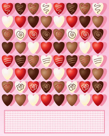 an illustration of milk dark white and foil wrapped chocolate valentine hearts on a candy pink background with space for textのイラスト素材