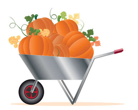 an illustration of a silver wheelbarrow full of ripe pumpkins with vine and foliage isolated on a white backgroundのイラスト素材