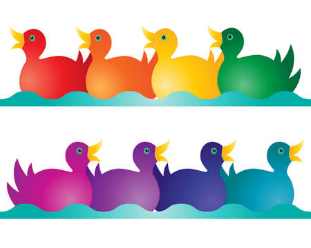 an illustration of two rows of toy ducks in rainbow colors on an abstract blue wave isolated on a white backgroundのイラスト素材