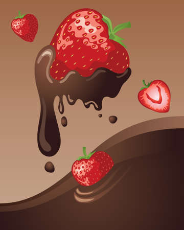 an illustration of juicy ripe strawberries tumbling in to a chocolate lake with a caramel backgroundのイラスト素材