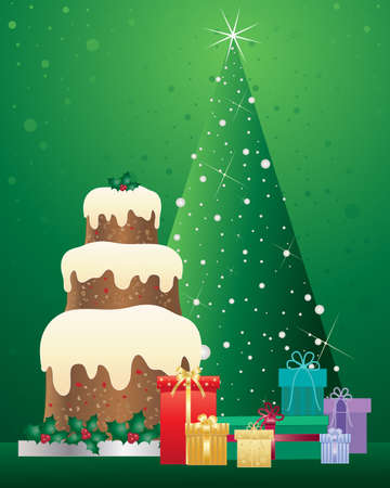 an illustration of a christmas cake with three tiers decorated with holly standing beside foil wrapped gifts and a green tree with sparkling lights on a green backgroundのイラスト素材