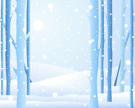 an illustration of the edge of a forest in winter with frosted tree trunks and snowy fields and light snowflakes falling from an icy blue skyのイラスト素材