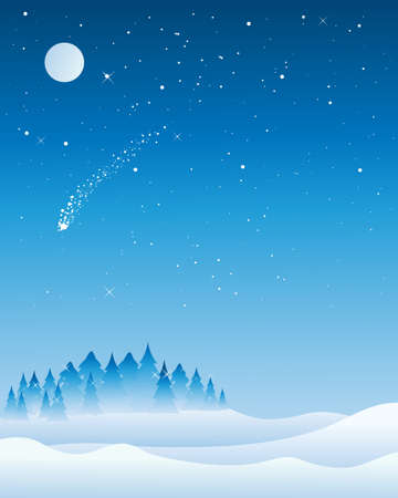 an illustration of a christmas tree syline on a cold snowy night with fir trees glistening under a full moon and a shooting starのイラスト素材