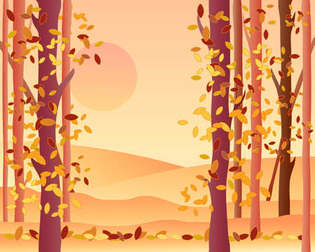 an illustration of the edge of an autumn forest with orange fields leaves falling and a warm sunsetのイラスト素材