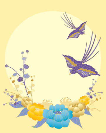 an illustration of colorful oriental birds and ornate flower design on a big yellow sunのイラスト素材
