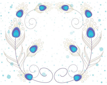 an illustration of abstract peacock feathers in blue and gold on a white spotty backgroundのイラスト素材