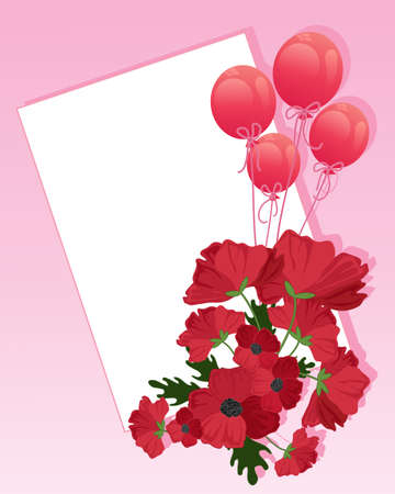 an illustration of a bouquet of poppies and red balloons with pink ribbons in front of a blank white card with space for a greeting on a pink backgroundのイラスト素材