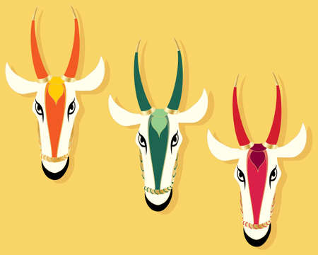 an abstract illustration of three jain cow heads in different colors on a mustard coior background with space for textのイラスト素材