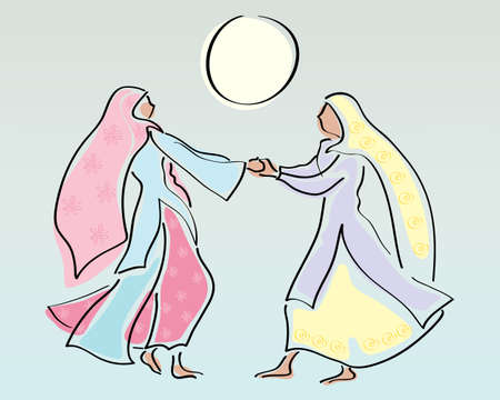 an abstract illustration of two traditionally dressed punjabi women dancing under a yellow sun with space for textのイラスト素材