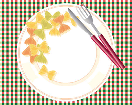 an illustration of a white plate of farfalle pasta in different shades with metallic knife and fork on a tablecloth in italian colorsのイラスト素材