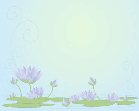 an illustration of beautiful purple water lilies in abstract form with open flowers buds and lily pads on a swirly water backgroundのイラスト素材