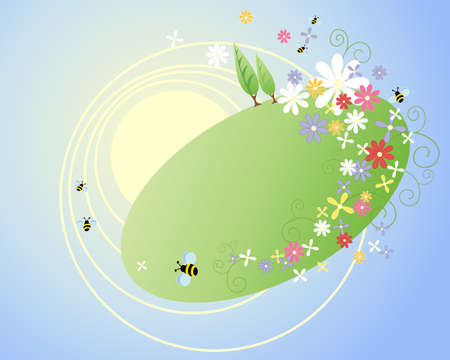 an illustration of a summer scene in abstract form with stylized trees flowers bees and foliage on a sunny blue sky backgroundのイラスト素材