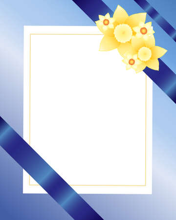 an illustration of a white and gold gift card with blue satin ribbon and daffodil decoration on a foil backgroundのイラスト素材