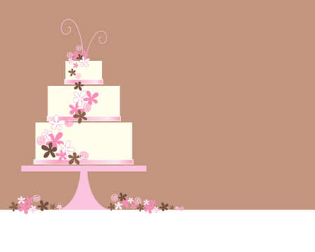 an illustration of an abstract three tier wedding cake with stylized flowers and decoration on a brown background with space for textのイラスト素材