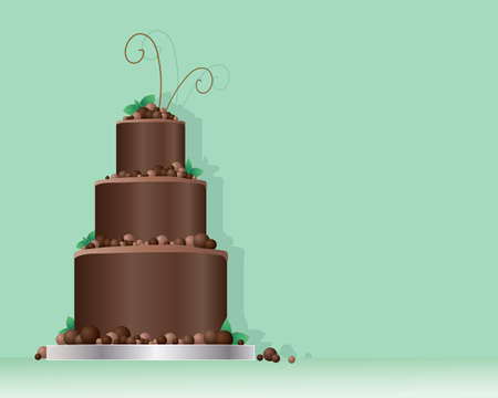 an illustration of a celebration cake in a contemporary design with chocolate balls and mint leaves on a minty green background with space for textのイラスト素材