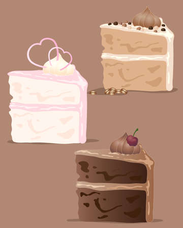 an illustration of a variety of cake slices in different flavors with decoration on a brown backgroundのイラスト素材