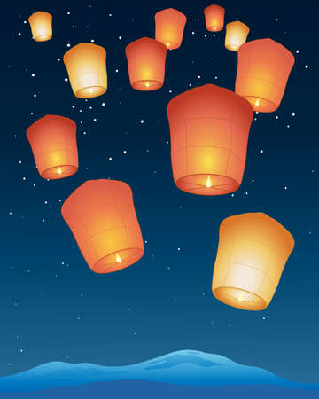 an illustration of chinese sky lanterns with bright flames floating away into a starry night skyのイラスト素材