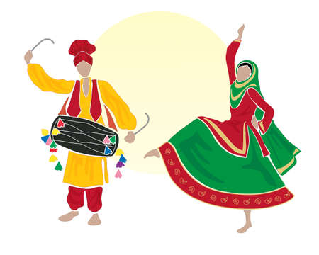 an illustration of male and female bhangra dancers dressed in traditional clothes on a white background with a big yellow sunのイラスト素材