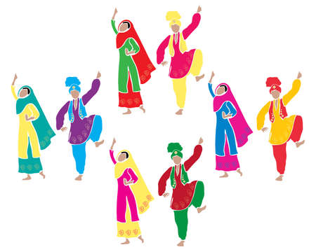 an illustration of traditional punjabi bhangra dancing with four couples dressed in colorful costumes on a white backgroundのイラスト素材