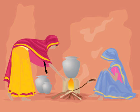 an illustration of a rural indian kitchen with two women in colorful sarees cooking food on a wood stoveのイラスト素材