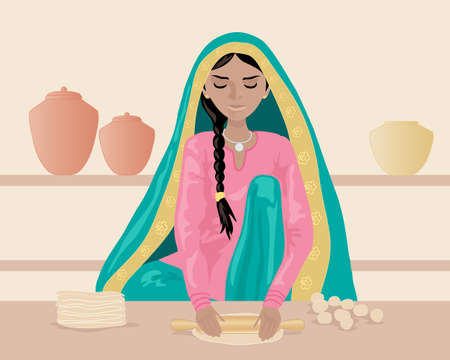 an illustration of an indian woman rolling out chapattis dressed in traditional clothing with shelves and pots on a brown backgroundのイラスト素材