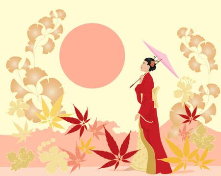 an illustration of an oriental garden with a traditionally dressed japanese lady and parasol amongst acer blossom and ginko foliage under a setting sunのイラスト素材