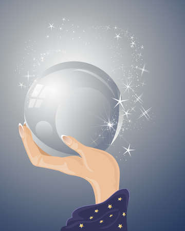 an illustration of a magicians hand with purple robe holding a magic crystal ball with sparkles and stars on a blue gray backgroundのイラスト素材