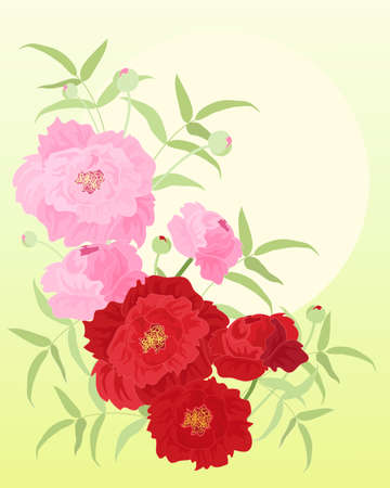 an illustration of stylized peony flowers and foliage in red and pink with buds and blooms on a warm summer backgroundのイラスト素材