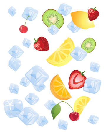 an illustration of delicious fresh fruit tumbling down with ice cubes on a white backgroundのイラスト素材