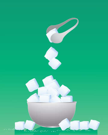 an illustration of a bowl of sugar cubes with metal tongs and granules on a green backgroundのイラスト素材