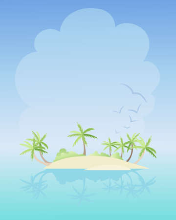 an illustration of a beautiful tropical island with sand and palm trees in an aqua sea with a warm sunny skyのイラスト素材