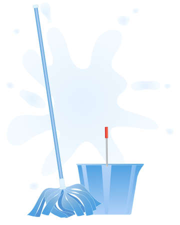 an illustration of a fresh blue mop and bucket on a water splash backgroundのイラスト素材